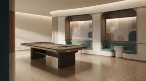 Sala da gioco stilizzata con tavoli, lampade e schermi geometrici senza scritte