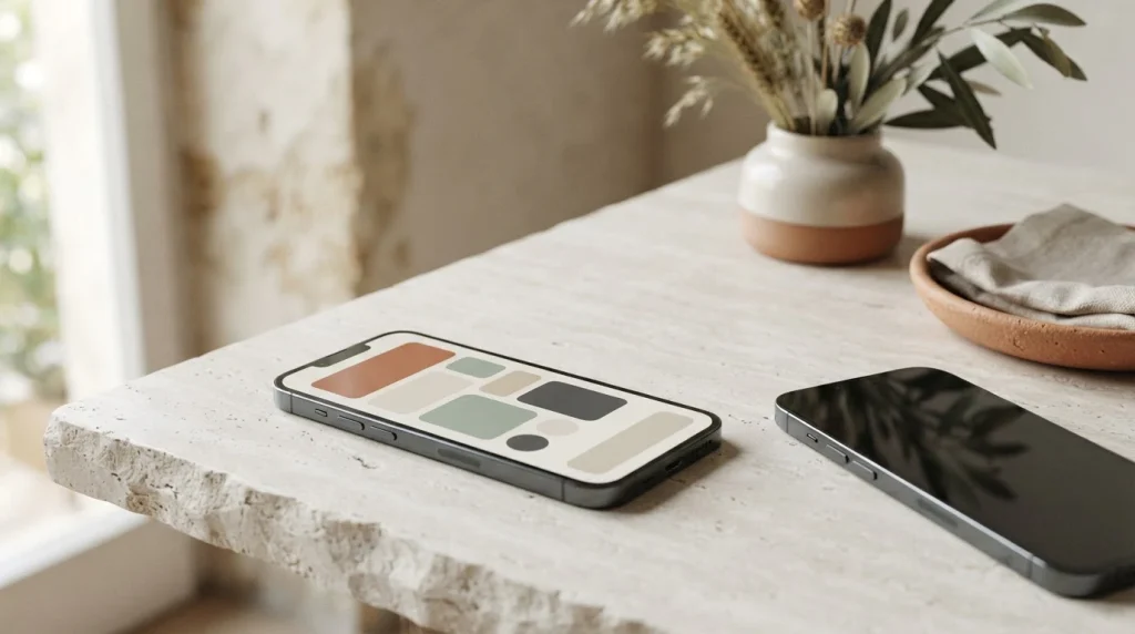 Smartphone senza marchi con tessere geometriche neutre sullo schermo e un secondo dispositivo sfocato sullo sfondo