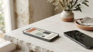 Smartphone senza marchi con tessere geometriche neutre sullo schermo e un secondo dispositivo sfocato sullo sfondo