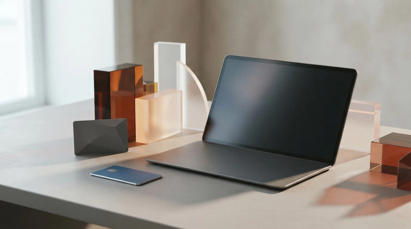 Dispositivo su una scrivania con schede astratte e percorsi geometrici di pagamento