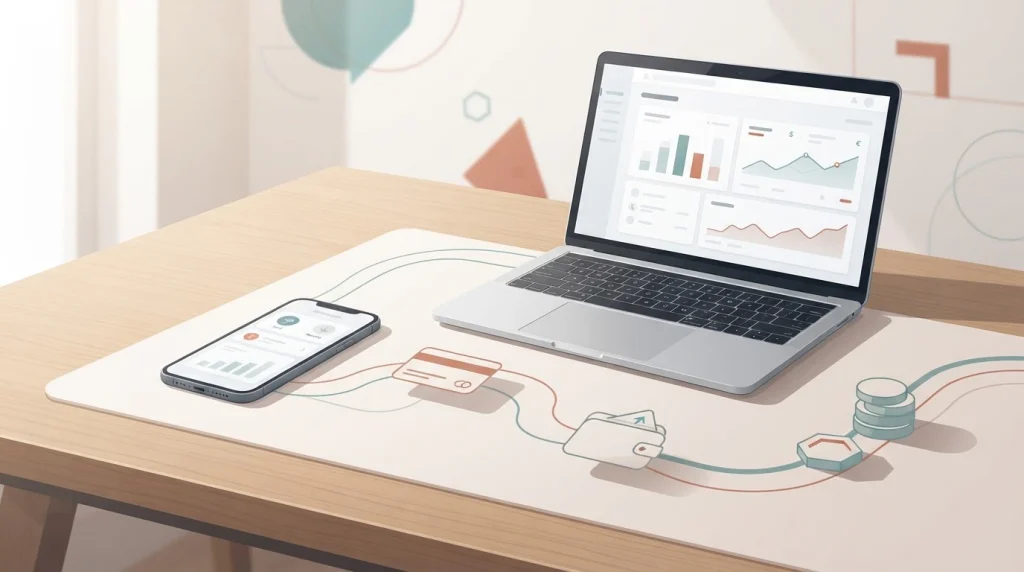 Telefono e computer con forme geometriche che rappresentano canali digitali di pagamento