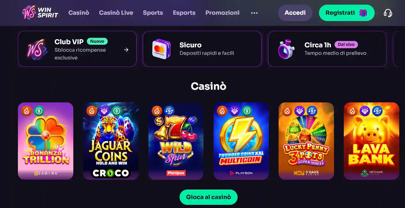 Cattura della schermata iniziale pubblica del sito WinSpirit, con intestazione e navigazione